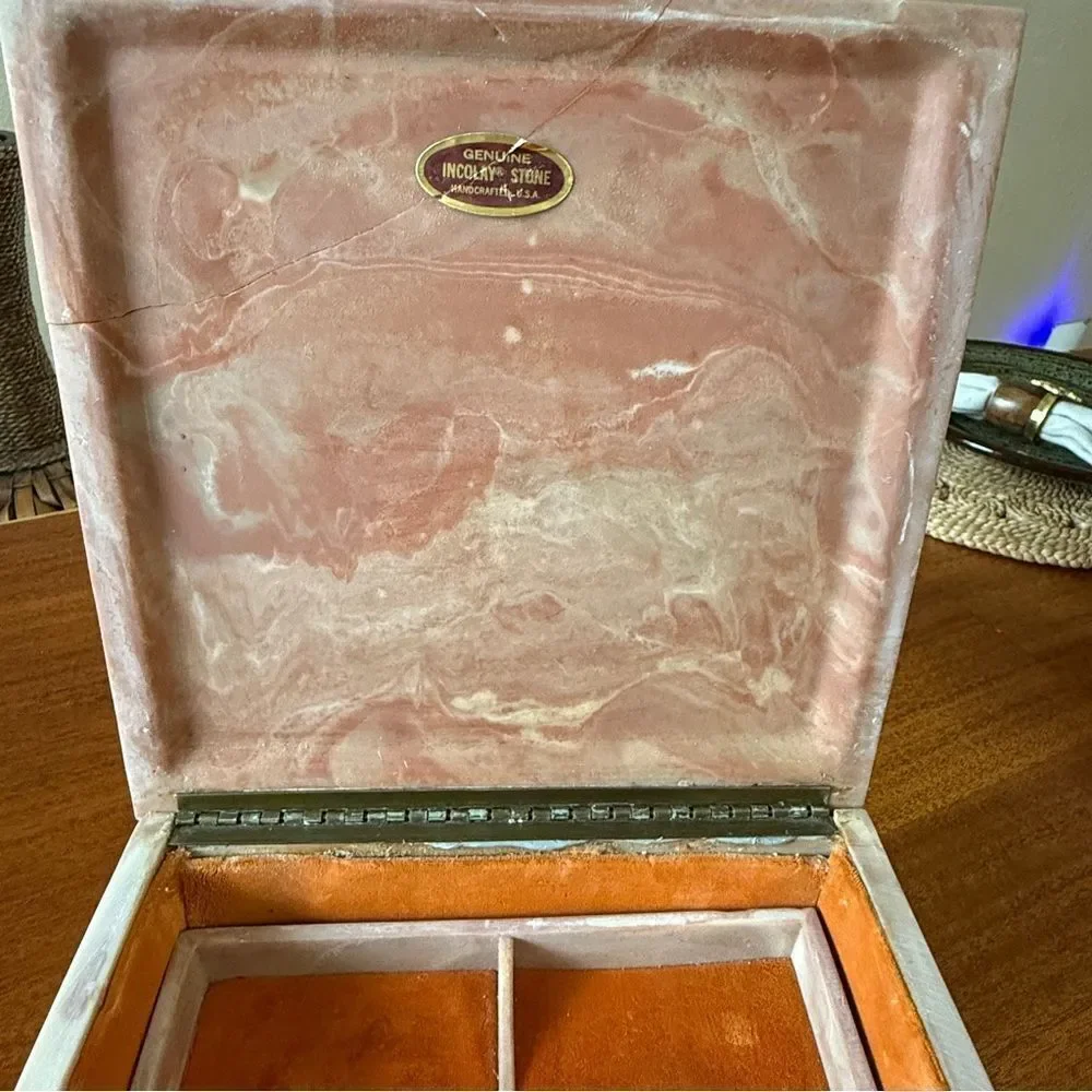 Vintage Carved Stone Incolay Victorian Jewelry Trinket Box Pink Marie Antoinette
